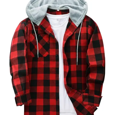ZITY Men's Plus Size M-6XL Checked Flannel Hooded Long Sleeve Shirt-Jacket - Buttons Front, Drawstring Hood, Pockets, Soft Casual Men's Clothing for Streetwear, Thanksgiving, Easter,sohochic