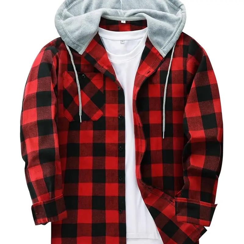 ZITY Men's Plus Size M-6XL Checked Flannel Hooded Long Sleeve Shirt-Jacket - Buttons Front, Drawstring Hood, Pockets, Soft Casual Men's Clothing for Streetwear, Thanksgiving, Easter,sohochic