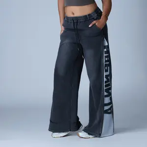 fortableFlooo Loose Washed Sweat Jeans Pants Women's Wear with Drawstring & Ripped Design Wide Leg Com Stylish Machine Washable