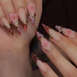 Wedding nails ,3D Flower Press on nails ,Stiletto Press On Nails, 3D Gel flower, ombre red color ,Stiletto nails ,Dreamy flower