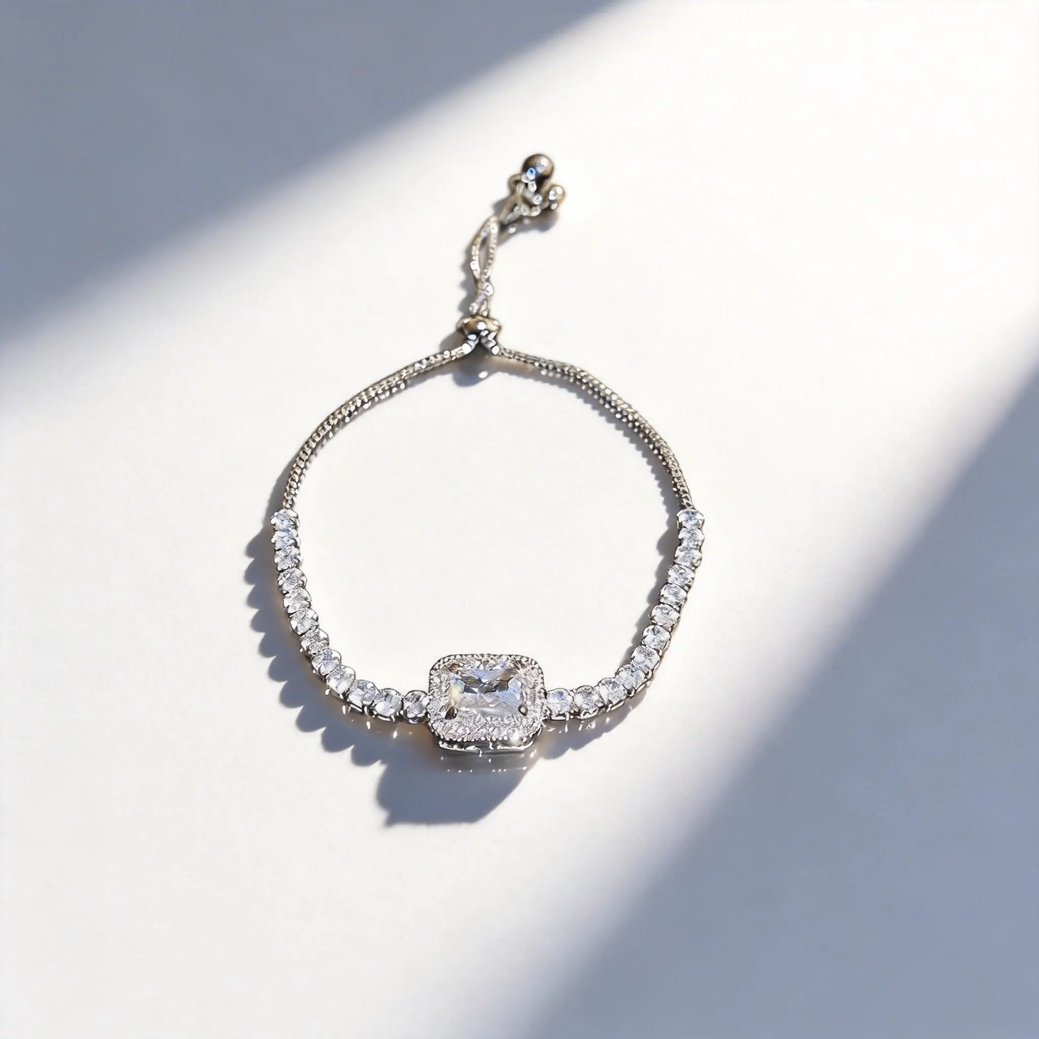Adjustable Tennis Bracelet for Women, Sparkling Square Halo Cubic Zirconia Silver Plated Slider Bracelet, Trendy Stackable Jewelry for Daily & Party
