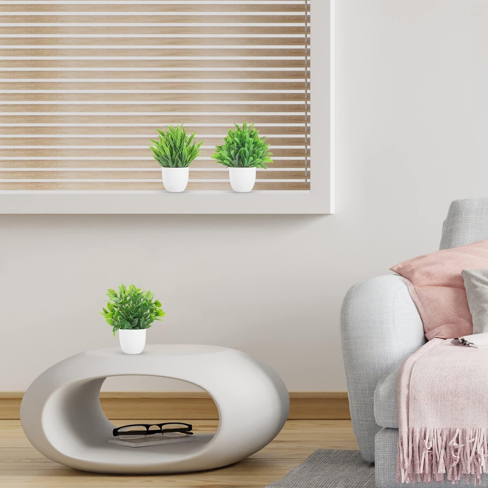 6.7-Inch Artificial Eucalyptus Potted Plants 4 Pack, Fake Eucalyptus in White Pots, Mini Faux Greenery for Home Office Desk Shelf Decor, Small Indoor Artificial Plants, Summer Decor & Housewarming Gifts