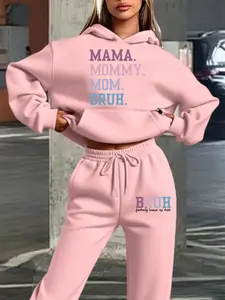 Women's Hooded Sweatshirt Set, Fall & Winter Warm Clothing, Mama Fun Layer Text Print, Casual Mom Style, Loose Fit