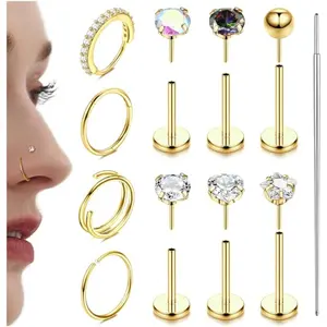 YADOCA 14K Plated Gold Nose Rings 20G 18G Threadless Nose Rings Hoops Studs - 316L Surgical Steel Push in Flat Back Nose Stud - CZ Hypoallergenic Nose Tragus Helix Piercing Jewelry for Women Men 11Pcs