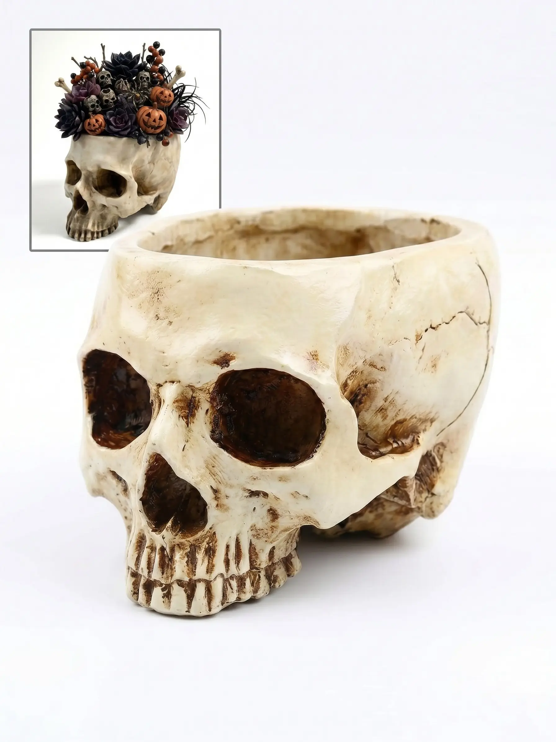 Retro Human Skull Head Flower Pot Planter - Halloween Decoration, Home & Bar Décor, Garden Bed Box Container Replica (Home Improvement, Garden Supplies)