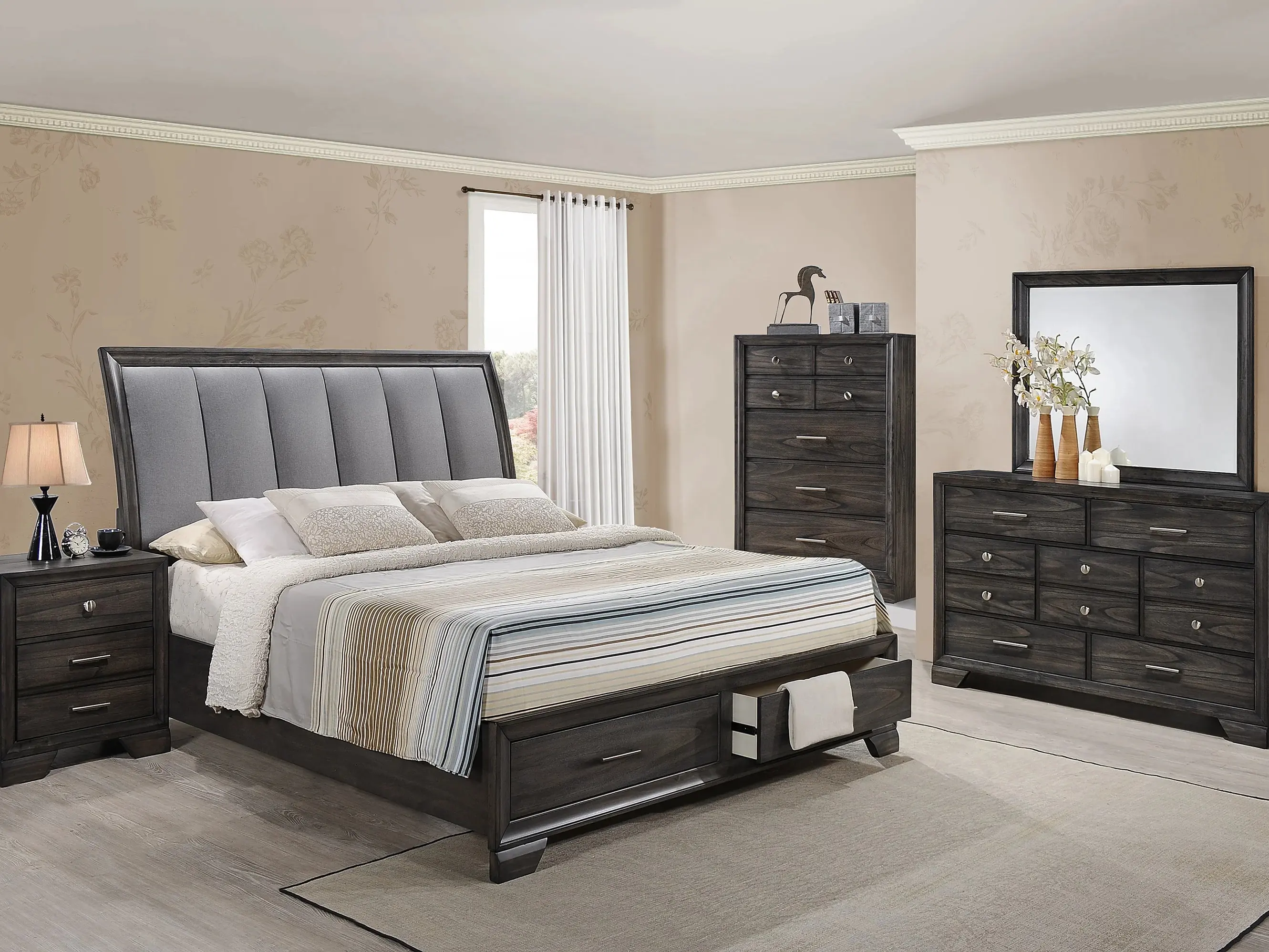 B6580 4 pc A & J Homes studio jaymes grey finish wood bedroom set with drawers in footboard