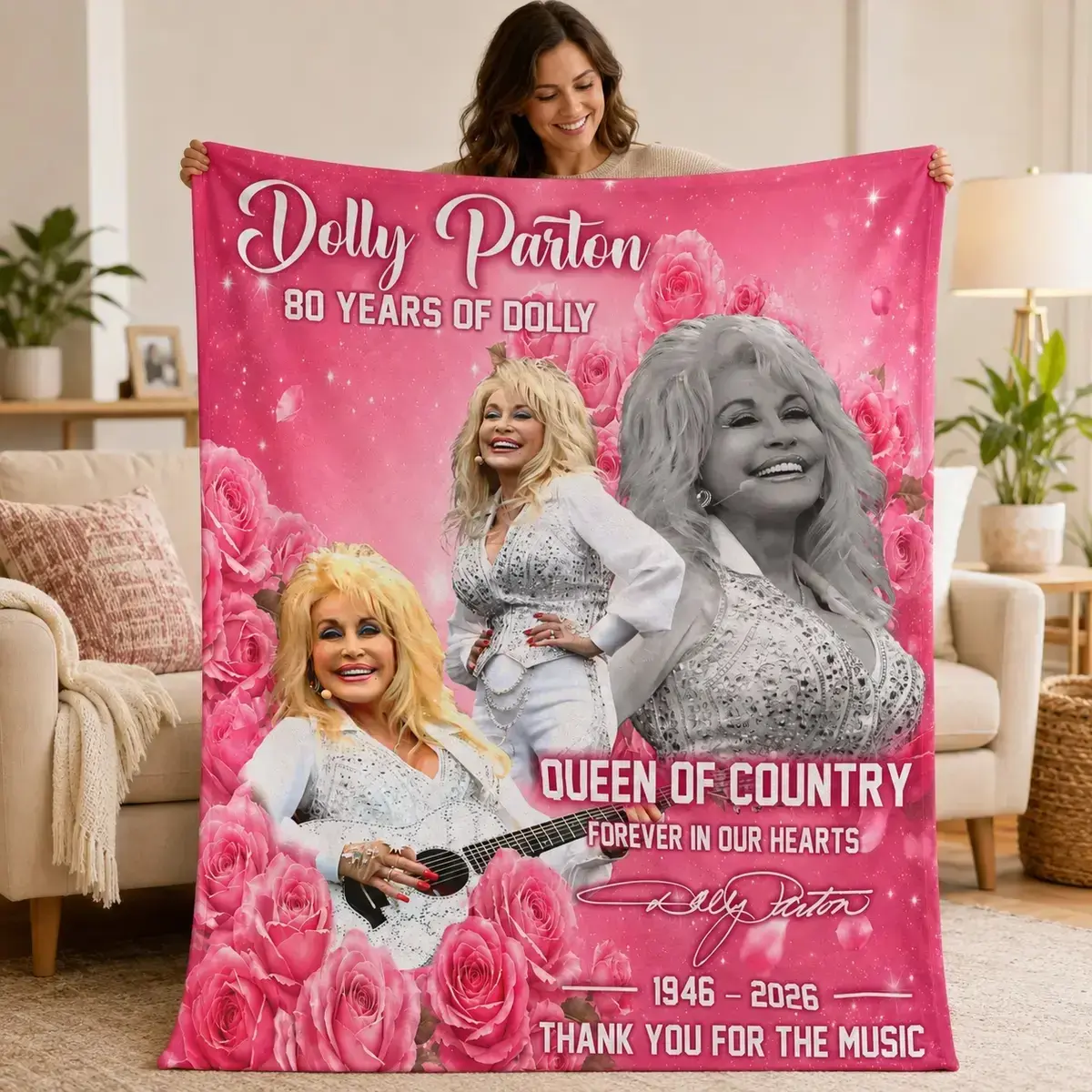 D0lly Part0n Memorial Flannel Blanket, 80 Years Of Dolly 1946-2026 Queen Of Country Tribute Throw Blanket, Forever In Our Hearts Soft Cozy Country Music Blanket For Couch Bed Sofa Gift