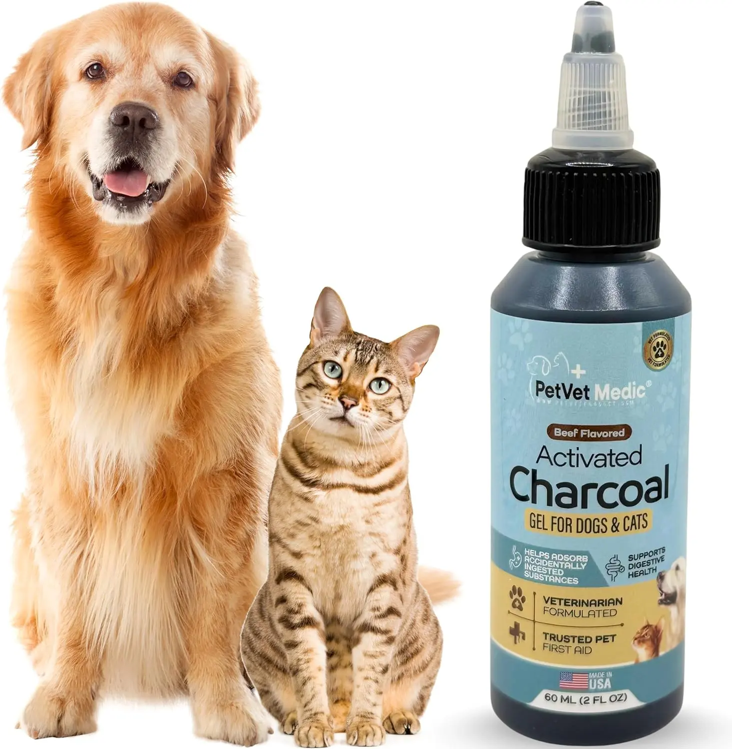 Veterinarian formulated Pet Vet Activated Charcoal Beef Flavord Gel for Cats and Dogs (60ml Bottle) - Quickly Absorbs Toxins, Supports Poisoning, Stomach, Diarrhea & Gas Relief