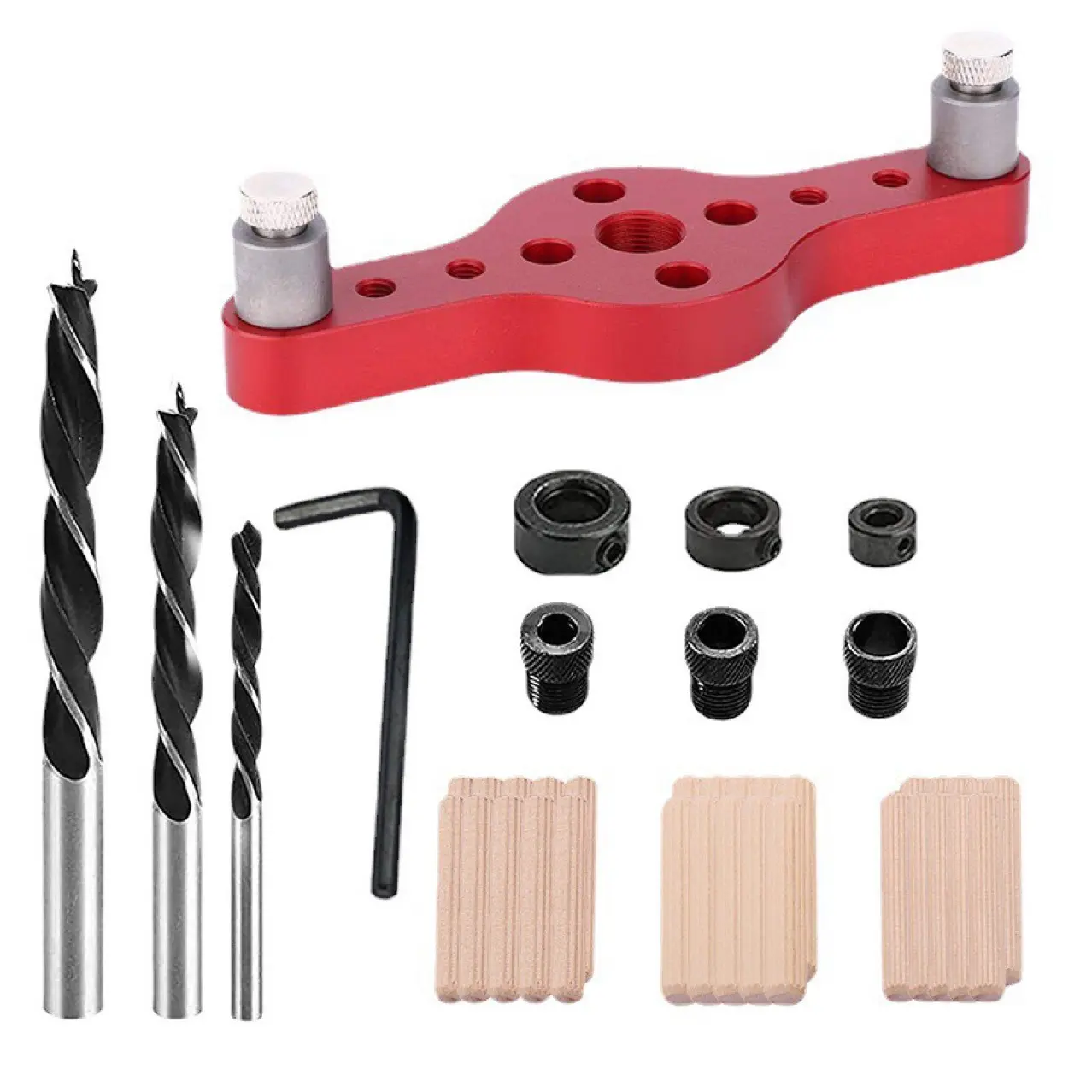 GJANSH 42Pcs Self Centering Dowel Jig Kit, 2-in-1 Vertical Pocket Hole Drilling Jig, Wood Dowel Drill Guide Drilling Punching Hole Locator, Woodworking Dowelling Jig Self Centering Punch Locator