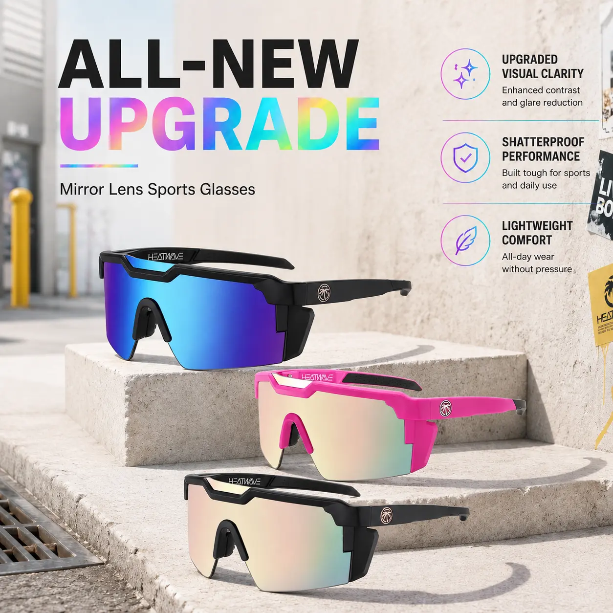 [New Launch Instant Cut] HEATWAVE Upgraded Color Mirror Lens Sports Sunglasses for Men and Women, UV400 Z87 Wraparound Cycling Glasses for Running, Hiking, Streetwear and Outdoor Activities