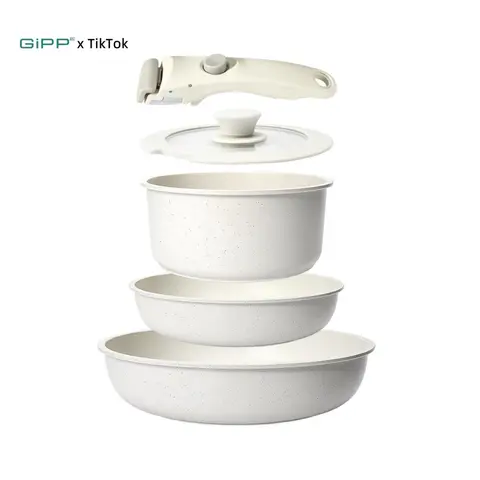 [Official] GiPP Modern Non-Stick Aluminum Cookware Set - Ergonomic Detachable Silicone Handle, Oven-Safe, Less Oil, Stackable for RV & Home Kitchens, 10x Better Non-Stick Performance, Aluminium Cookware Sets