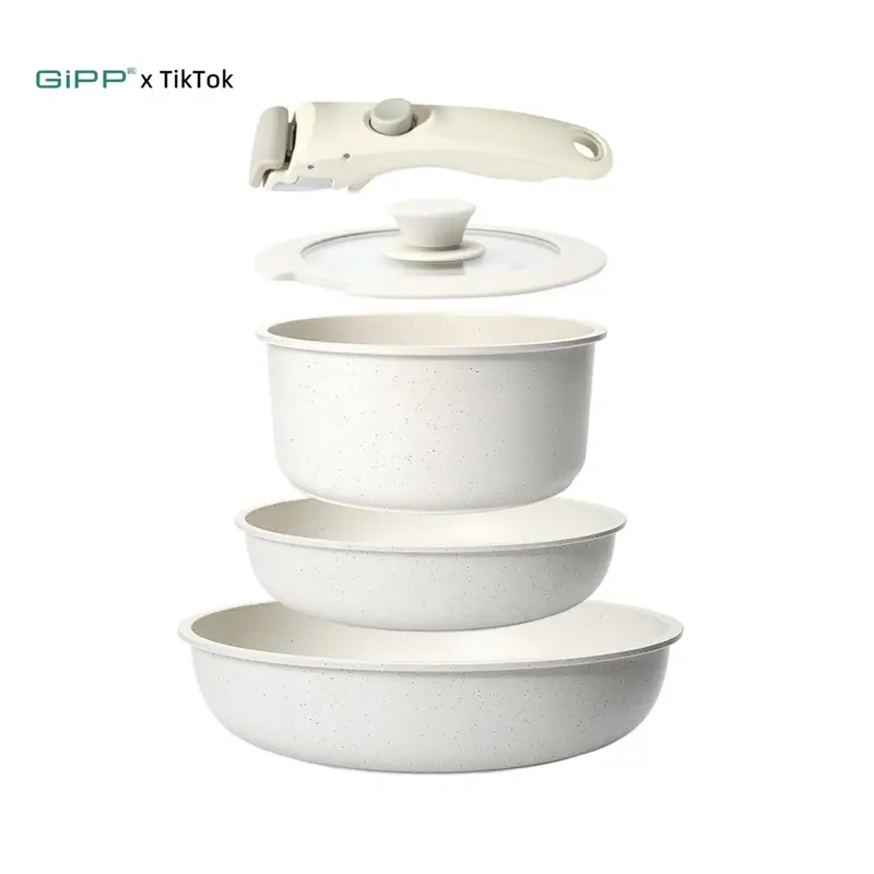 [Official] GiPP Modern Non-Stick Aluminum Cookware Set - Ergonomic Detachable Silicone Handle, Oven-Safe, Less Oil, Stackable for RV & Home Kitchens, 10x Better Non-Stick Performance, Aluminium Cookware Sets