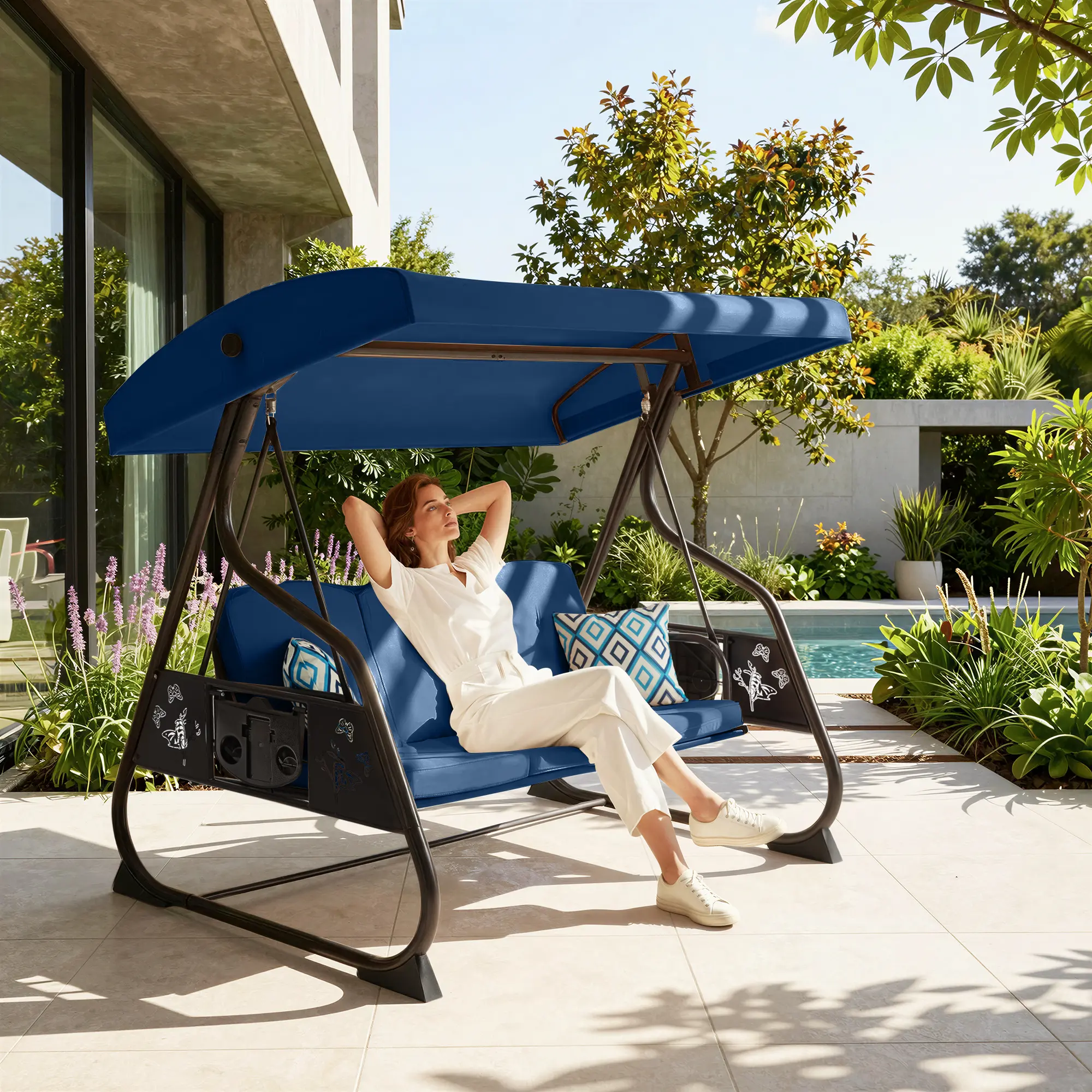 ZZW 3-Person Iron Patio Swing Bed with Stand, Durable Outdoor Furniture Sets, 800 lbs Heavy-Duty 2-in-1 Floor Furniture, All-Weather Adjustable Canopy, Cup Holder & Fabric Cushions for Backyard Deck Adults