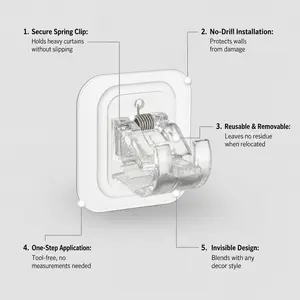 No Drill Curtain Rod Brackets 8/12 Pack - Self Adhesive Clear Rod Holders for 1-2cm Poles - Damage Free Wall Mount for Curtains, Shower, Towels Adjustable Window Hardware