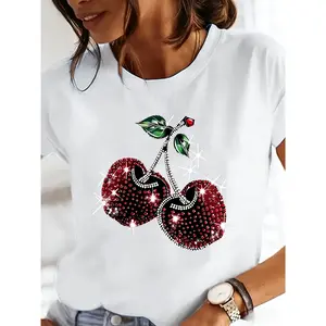 100% cotton women's cherry print short-sleeve round-neck casual top, spring and summer women's clothing, soft and comfortable, suitable for spring, summer, and autumn