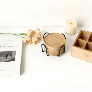 6PCS Japanese Style Bamboo Wood Coaster Set with Metal Holder Round Tea Cup Saucer Heat Resistant Coaster for Home Decor Zen Wooden Coaster Kitchenware