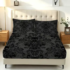 3PCS Dark Skull Gothic Style fitted Sheet Set (1 fitted Sheet + 2 Pillowcases, No Pillows Included), Home Dorm High-Definition Digital Printing, Luxurious Artistic Feel of Dark Theme Bedding, Vintage Elegance