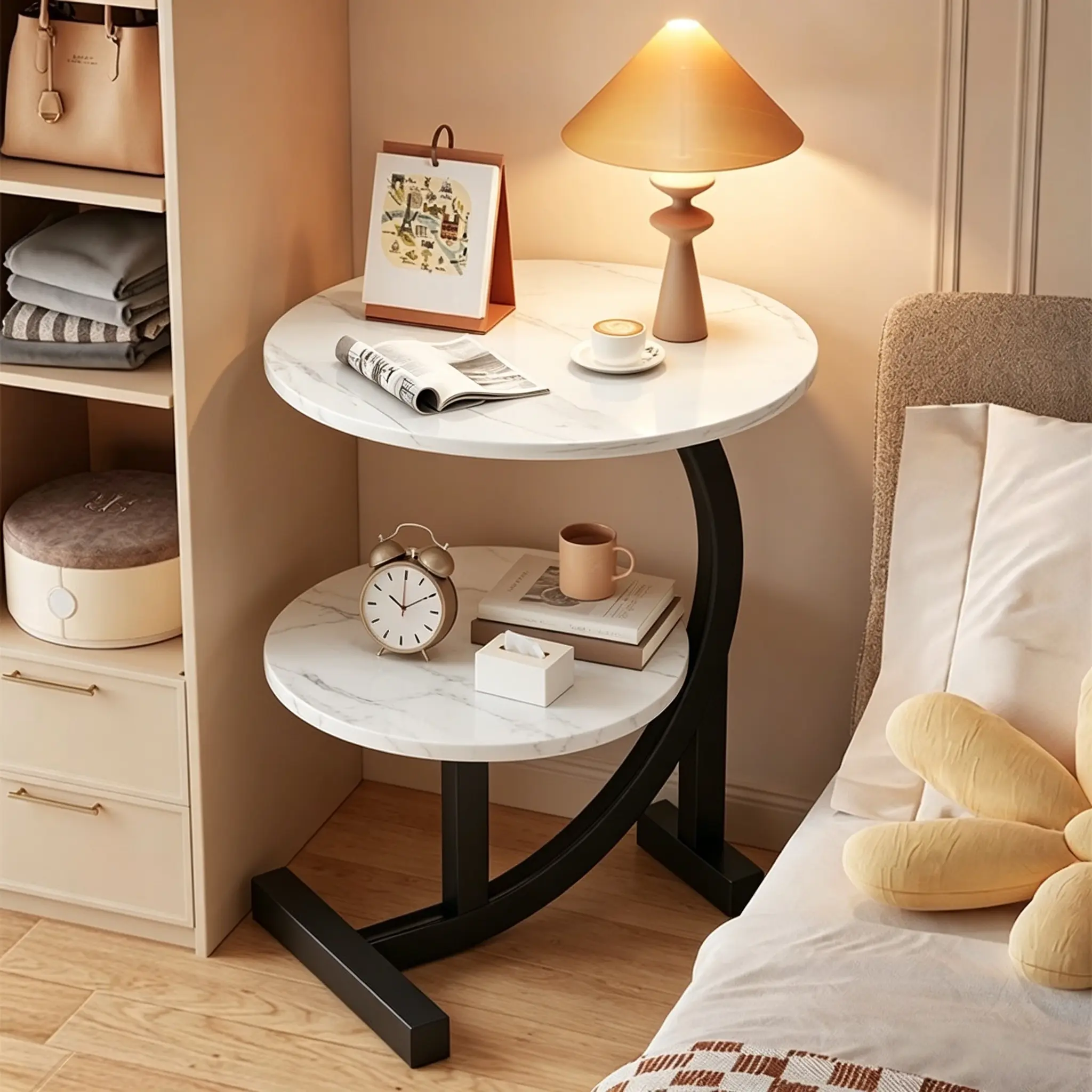 Modern round C-shaped side table with a double-layer storage shelf and a sturdy metal frame, suitable for under sofas; can serve as a snack/coffee table and TV tray; waterproof and scratch-resistant; multifunctional design; ideal for living rooms, bedroom