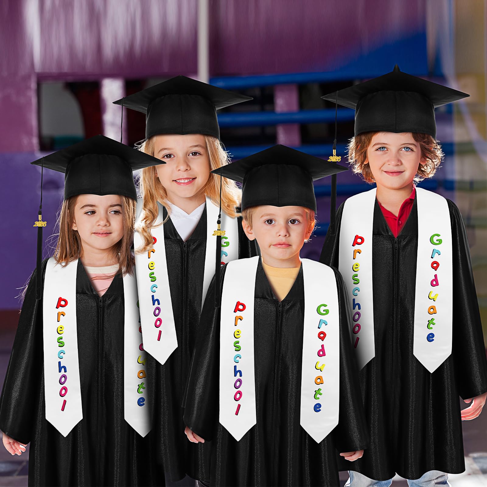4 pcs Kindergarten Preschool Class Graduation Gown Set Cap Gown Stole with 2026 Tassel and Certificate for Toddler Kids Classmates or Friends Student Graduation School Supplies