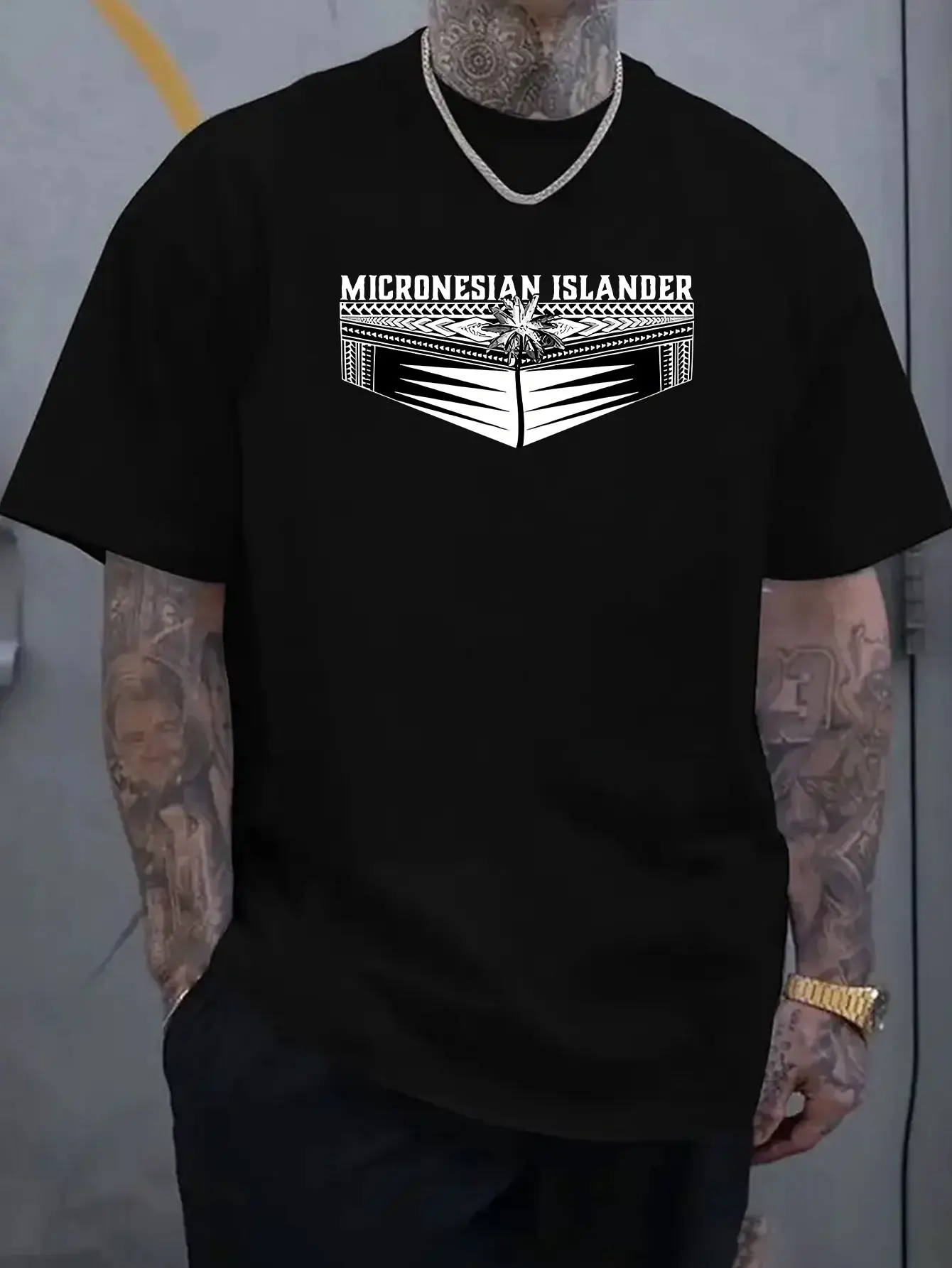 Men'S Casual Summer T-Shirt - "Micronesian Islander" Print, Coconut Tree & Traditional Design, Soft Knit Fabric, Perfect for Outdoor Activities & Island-Themed Parties, Outdoor Activity Shirt |   Traditional Island Print |   Comfortable Fit, Beach Wear