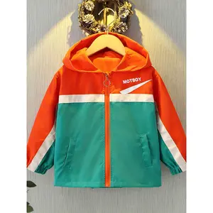 Boys' Casual Hooded Windbreaker Jacket - Bright Orange & Teal with MOTBOY Lettering, Loose Fit Full-Zip Spring/Fall Outerwear, Durable Polyester for Active Youngsters, Youngsters Casual Jacket |   Casual Loose Fit |   Fullzip Closure