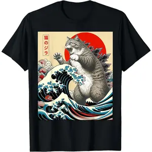 Cotton Men & Women Unisex T-shirt - Japanese Ukiyo-e Style Cat Monster Catzilla  Graphic T-Shirt - Fun Gift Idea -  Loose sports T-shirt
