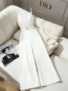 Elegant V-Neck Jumpsuit, Waist Cinch Belt + Wide Leg Design, Slimming Effect, Casual Chic Style, Perfect for Office & Dates, Womenswear
