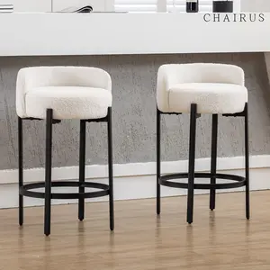 CHAIRUS Counter Height Bar Stools Set of 2, Modern 26"  Sherpa Fabric Round Barstools,Upholstered Counter Stools with Black Metal Legs and Footrest, Bar Stools for Kitchen Island Counter,Dining Room,Small Space, White