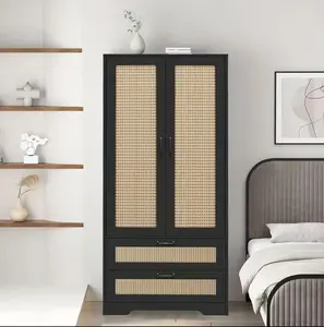 High Modern Freestanding Storage Cabinet with Double Rattan Doors & 2 Drawers Built-in Clothes Hanging Rod Multifunctional Design for Bedrooms Living Rooms Kitchens Studies Wardrobe Closet Armoire Metal Closet Organizer