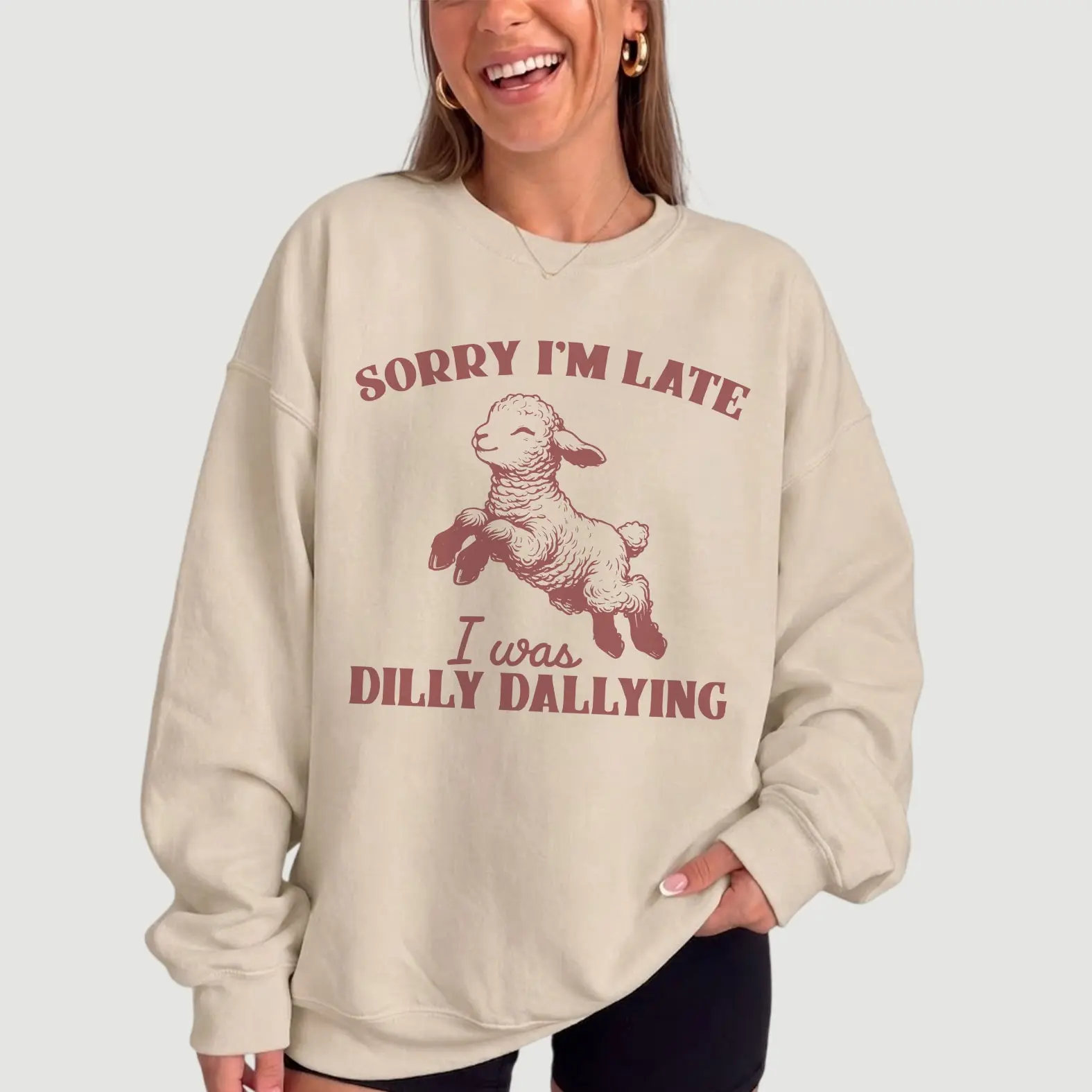 Gildan “Sorry I’m Late I Was Dilly Dallying” Sheep Crewneck Sweatshirt, Funny Jumping Lamb Graphic Pullover, Sheep Lover Gift