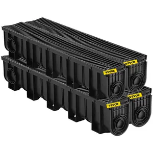 【Father's Day】VEVOR Trench Drain System, Channel Drain with Plastic Grate, 5.9x7.5-Inch HDPE Drainage Trench, Black Plastic Garage Floor Drain, 4x39 Trench Drain Grate, with 4 End Caps, for Garden, Driveway-4 Pack