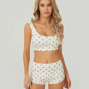 Women Pajamas Set 2 Pieces Loungewear Suits Floral Print U-Neck Sleeveless Crop Tank Tops and Shorts Sleepwear Outfits