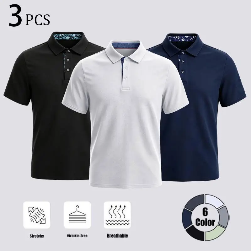 Clean Gent 3-pack: summer men’s quick-dry short-sleeve sports shirts in a classic polo style with a floral collar; lightweight, stretchy fabric—perfect for sports, commuting, and work; great gift for husband or Father’s Day.