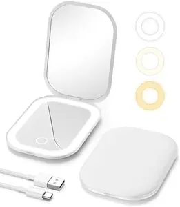 Lighted Travel Makeup Mirror with Light and Magnification 1X/3X, Stepless Dimming and Three-Color Adjustable Lights, Rechargeable Battery and Compact Size for Purse and Portable Use - White