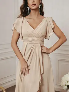 Elegant V-Neck Dress, Flutter Sleeve Waist Cinch Pleated Asymmetrical Split Long Dress, Party Maid of Honor Wedding Formal Evening Gown