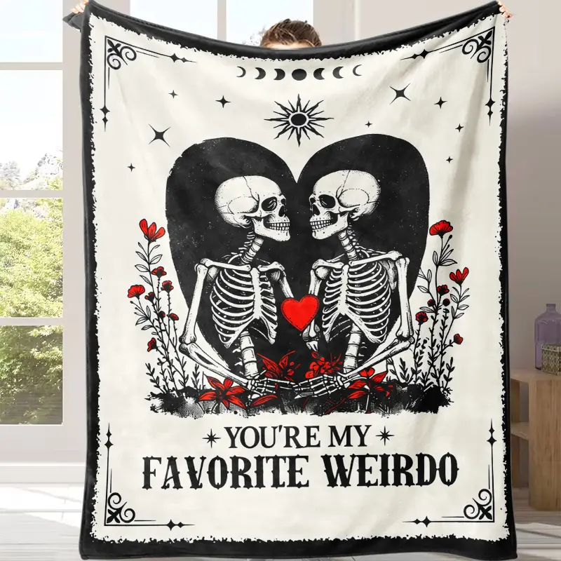 Gothic Couple Skeleton Sun Moon Floral Print Flannel Throw Blanket, Ultra Soft Warm Lightweight All-Season Cozy Cover, Dark Alternative Valentine Gift for Female, Room & House Decor for Bedroom Sofa Wedding, Room Decor, Home