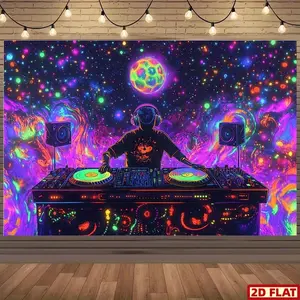 2D Flat Banner, 1pc Vibrant Neon Festive DJ Party Backdrop - Durable Polyester, UV Reactive Disco & Nightclub Decor with Fluorescent and Luminous Effects - Perfect for Birthdays, Celebrations, Bar Parties & Themed Events - Ideal Decorations