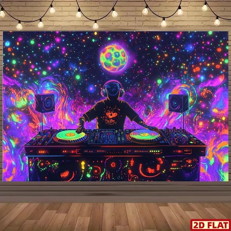 2D Flat Banner, 1pc Neon DJ Party Backdrop, Polyester Fabric Backdrop - Durable Polyester, UV Reactive Disco & Nightclub Decor with Fluorescent Effects, Party Background Decoration - Perfect for Birthdays, Celebrations, Themed Events, Party Banners