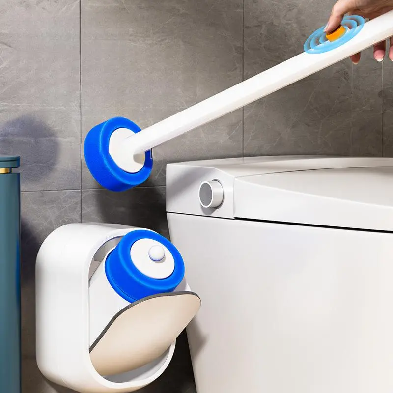 Wall Mount Disposable Toilet Brush Kit with Replaceable Brush Heads Rotating Universal Brush Head All Round Deep Clean Toilet Bowl Gap Odor Reducing Mess-Free Small Bathroom Supply