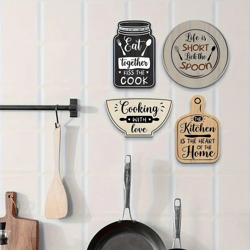 Four wooden art signs for the kitchen walls of rural farmhouses, printed with inspiring quotes such as "Eat together, cook together", "Life is short, enjoy it", and "Cook with love", Home Decor
