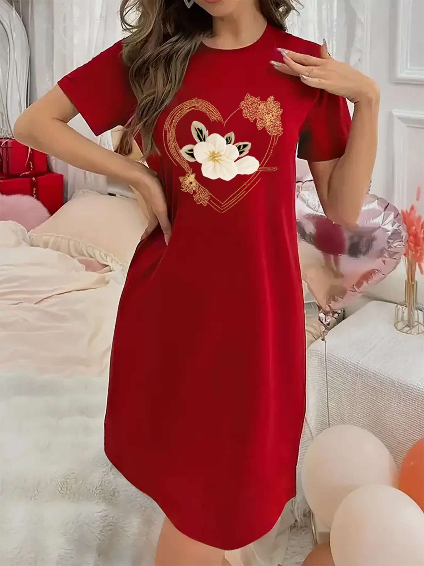 Soft and Slightly Stretchy Women's Underwear Flowers and hearts Pattern Short Sleeve Crew Neck Nightgown, Sexy Elegant Youthful Women's Christmas Dress, Perfect for Halloween, Christmas, and Thanksgiving Gifts
