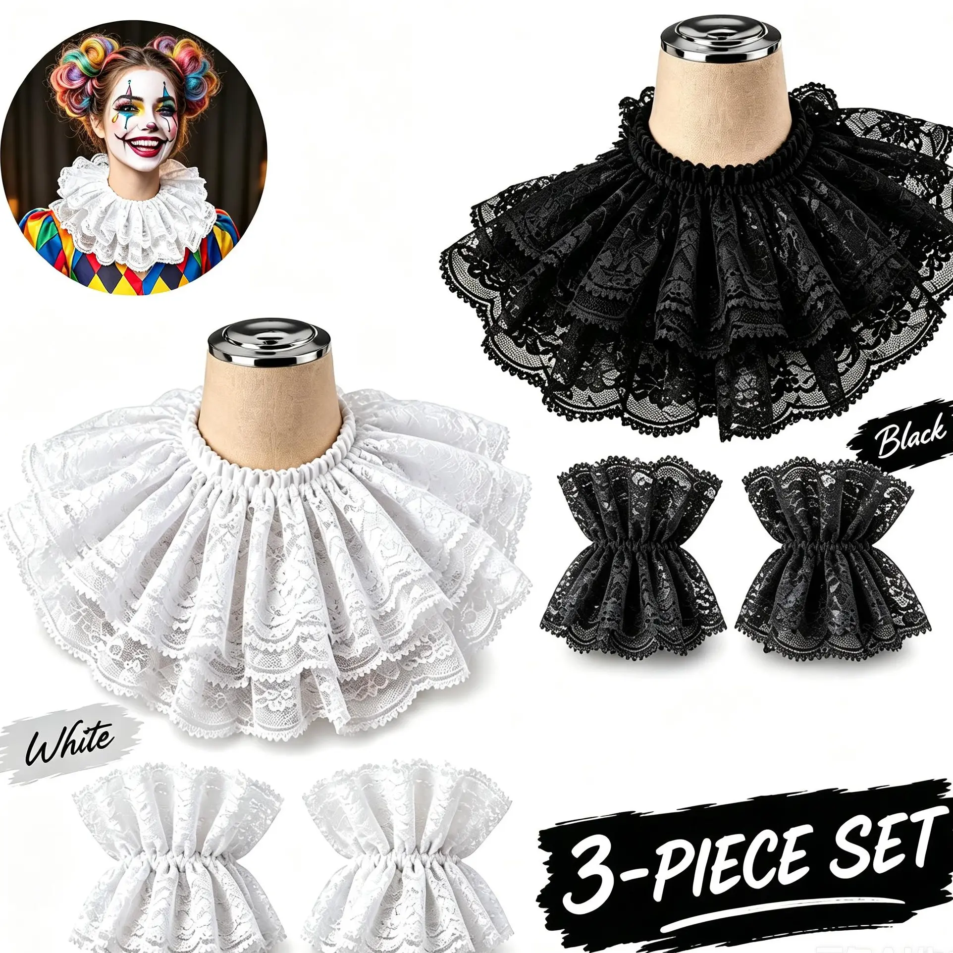 Gothic Lace Ruffle Collar & Wrist Cuffs Set, Victorian Clown Costume Accessories, Halloween Cosplay Costume Neck Collar for Women goth cosplay accessories Halloween costume accessories