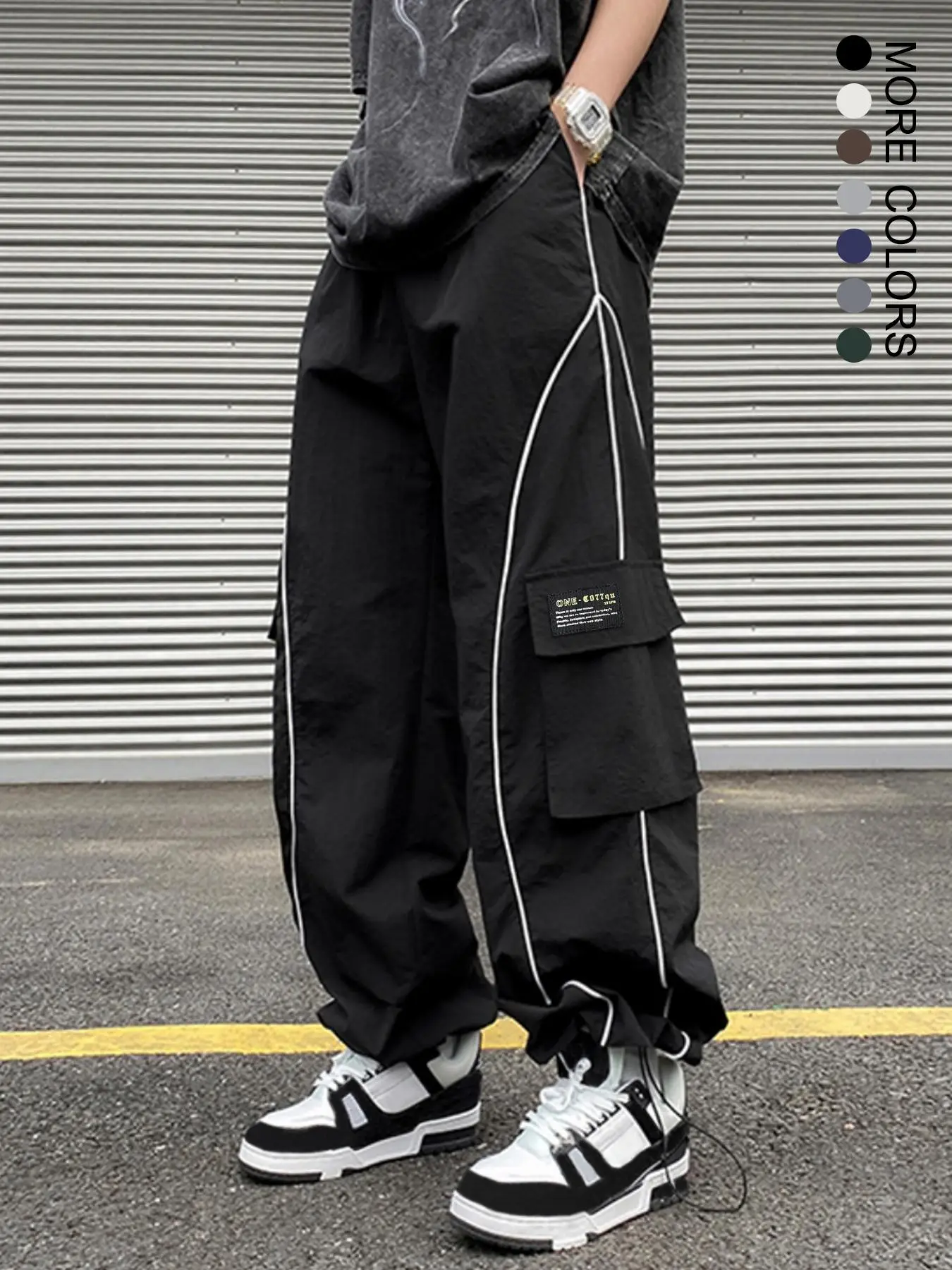 Men's Solid Letter Patched Pocket Drawstring Waist Cargo Pants, Loose Street Wide Leg Trousers, Summer Outfits 2024, Men's Bottoms for All Seasons, Pa