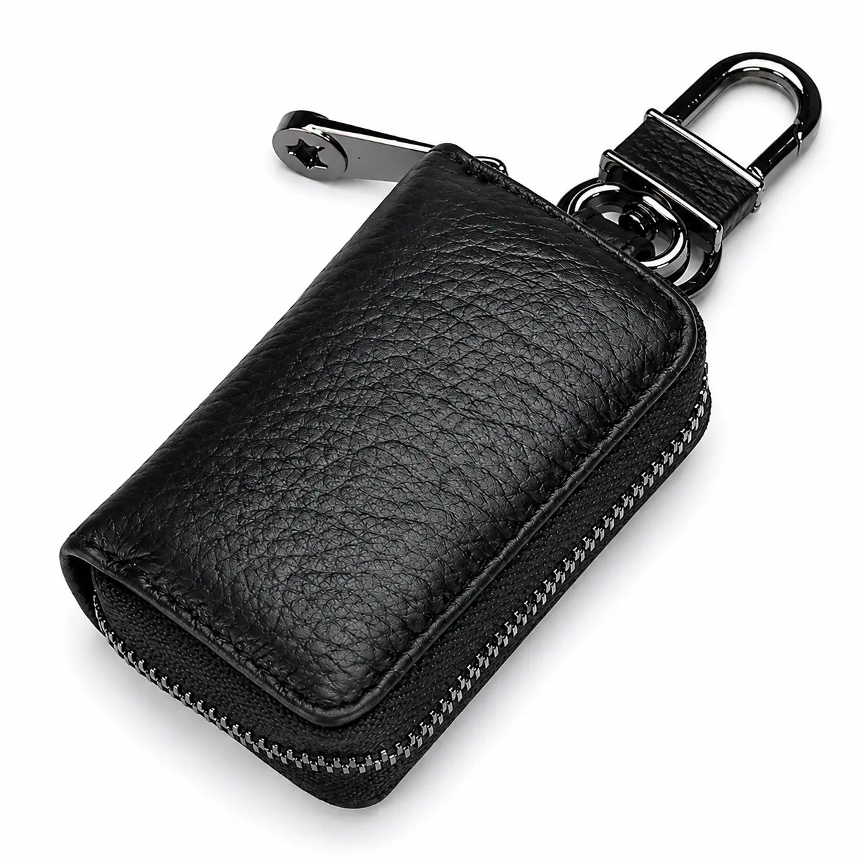 Luckybay Leather Car Key Case with Zipper, Compact Smart Key Fob Holder with Keychain, Portable Car Key Organizer Pouch