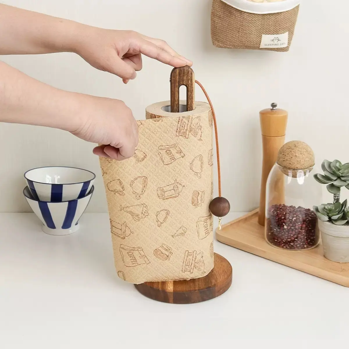 1pc Rustic Acacia Wood Kitchen Paper Towel Holder, Tissue Holder, Countertop Standing Dispenser for Paper Towels and Plastic Wrap, No-Drill Design, Wood Lazy Storage Rack, Countertop Organizer, Kitchen Organization, Farmhouse Style, Small Space Living