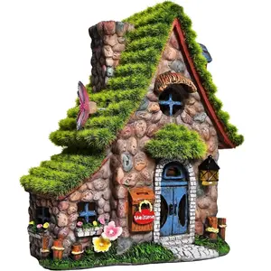 Fairy House Statues with Solar  Lights, Funny Garden Sculptures with Flocked and Cobblestone Decor, Exquisite Garden Cottage Figurines