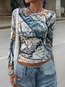 Branch Print Tight-Fitting Top, Skin-Friendly Breathable Fabric, All-Season Wear, Sexy Style, Perfect for Daily Use