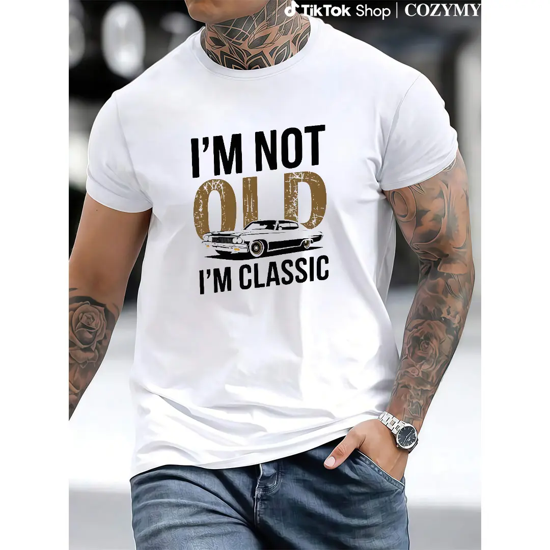 Men's "I'm Not Old, I Am Classic" Pattern T-shirt- Soft, Casual Crew Neck, Short Sleeve, Vintage Car Print-Durable and Breathable, Suitable for Casual Wear