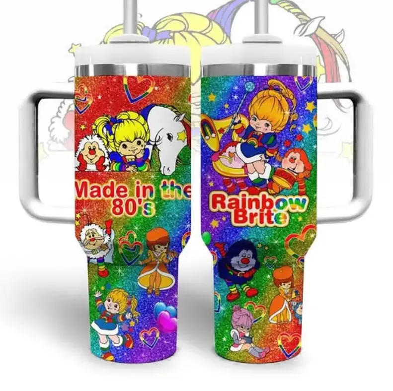 [Gift Box & Straw] Strawberry Shortcake & Rainbow Brite Stainless Steel Vacuum Insulated Tumbler - 20oz Skinny, 40oz Handle, Cute Retro Cartoon Travel Mug, Nostalgic Fan Gift for Hot & Cold Drinks