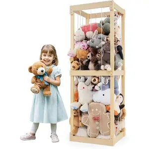Costzon Extra Large Stuffed Animal Storage, Wooden Stuff Animal Organizer with Elastic Cords, Space-saving Toy Storage Organizer for Plush Toys, Stuffed Animal Holder for Kids Room, Playroom, Nursery
